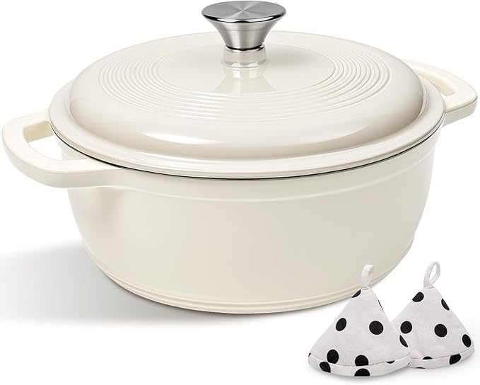 Enameled Cast Iron Dutch Oven Pot With Lid - AIVIKI 5QT Dutch Oven for Bread Baking With Cotton Potholders - Heavy-Duty Cookware for Braising, Stew, Roasting, Oven Safe up to 500째F, Cream White