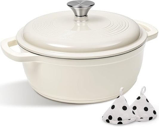 Enameled Cast Iron Dutch Oven Pot With Lid - AIVIKI 5QT Dutch Oven for Bread Baking With Cotton Potholders - Heavy-Duty Cookware for Braising, Stew, Roasting, Oven Safe up to 500째F, Cream White