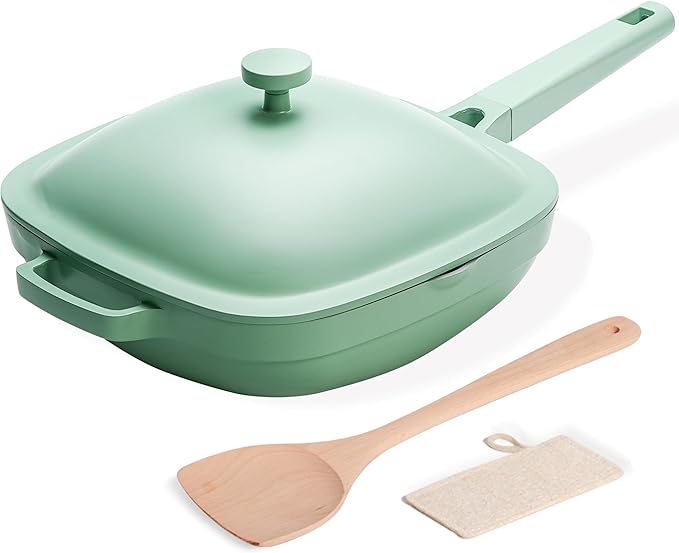 10.5 Inch(3.8QT) Ceramic Pan with Lid,Non Stick Frying Pans Cast Aluminum Deep Saut챕 Pans,Ti-Ceramic Non Toxic Pix Pan with Wooden Spatula and Scrubber-Mint Haze