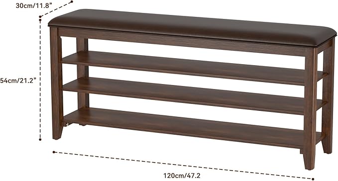 Taitiy Shoe Bench Storage Rubberwood with Leather Cushion for Entryway Bench Ideal for Hallways Shoe Rack Front Doors Entrances Mudrooms Featuring 3 Height-Adjustable and Removable Shelves