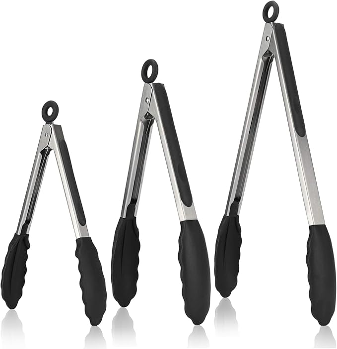 Kitchen Tongs, U-Taste 7/9/12 inches Cooking Tongs, with 600쨘F High Heat-Resistant Non-Stick Silicone Tips, 18/8 Stainless Steel Handle, for Food Grill, Salad, BBQ, Frying, Serving, Pack of 3(Black)