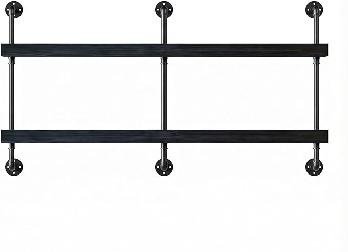 Industrial Wine Rack Wall Mounted, Solid Wood Shelf with Metal Pipe Brackets, 2-Tier Rustic Hanging Organizer for Wine Bottle Storage in Kitchen, Bar, Pub, Cellar(Black, 60 Inch)