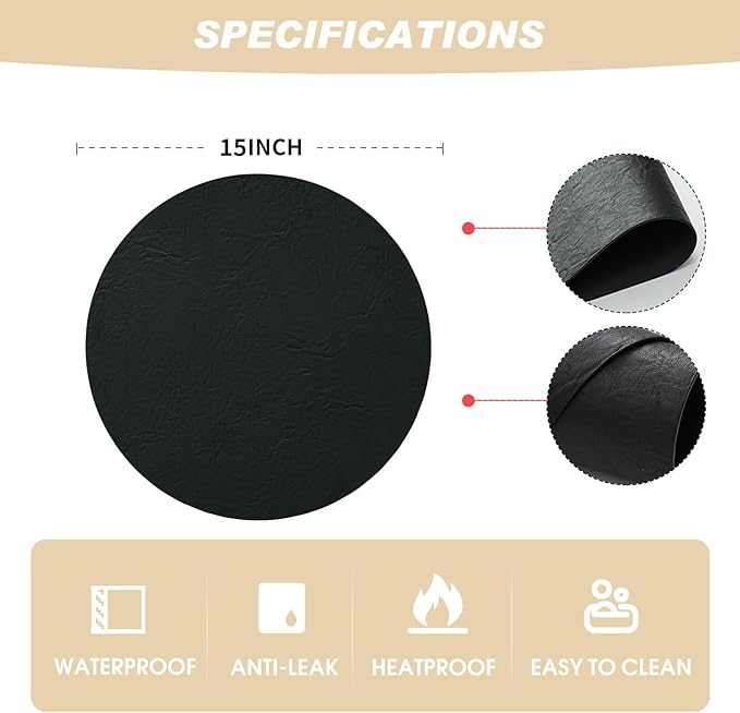 Artoid Mode Black Faux Leather Placemats Set of 4, 15 Inch Waterproof Wipeable Heat Resistant Place Mats, Reversible Table Mats for Kitchen Dining Decor