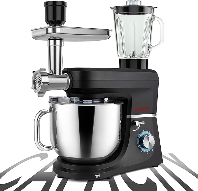 COOKLEE 6-IN-1 Stand Mixer, 8.5 Qt. Multifunctional Electric Kitchen Mixer with 9 Accessories for Most Home Cooks (Black1)