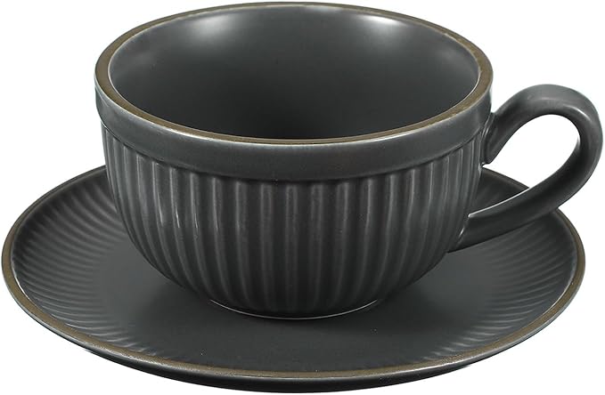 uxcell Handmade Vintage Espresso Cups, 9.5oz Stripe Coffee Cups and Saucers Ceramic Tea Cup with Handle Dishwasher and Microwave Safe for Latte Cappuccino Milk Office Home, Gray Blue
