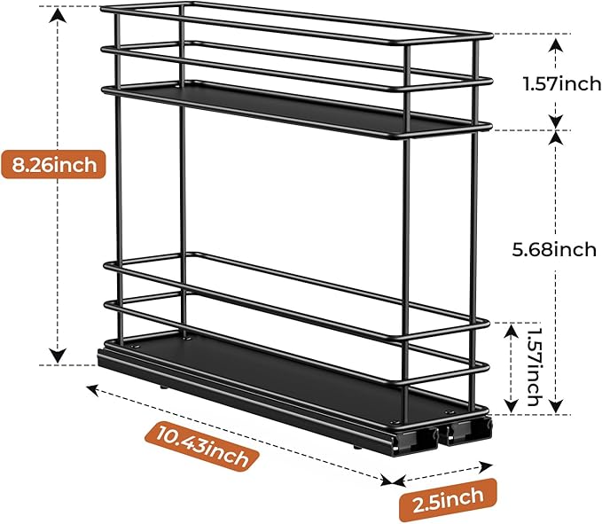 Pull Out Spice Rack Organizer for Cabinet, Slide Out Spice Racks, Easy to Install Spice Cabinet Organizer, 2.5" Wx10.43 Dx8.26 H, 1 Drawer 2 Tiers（Black）