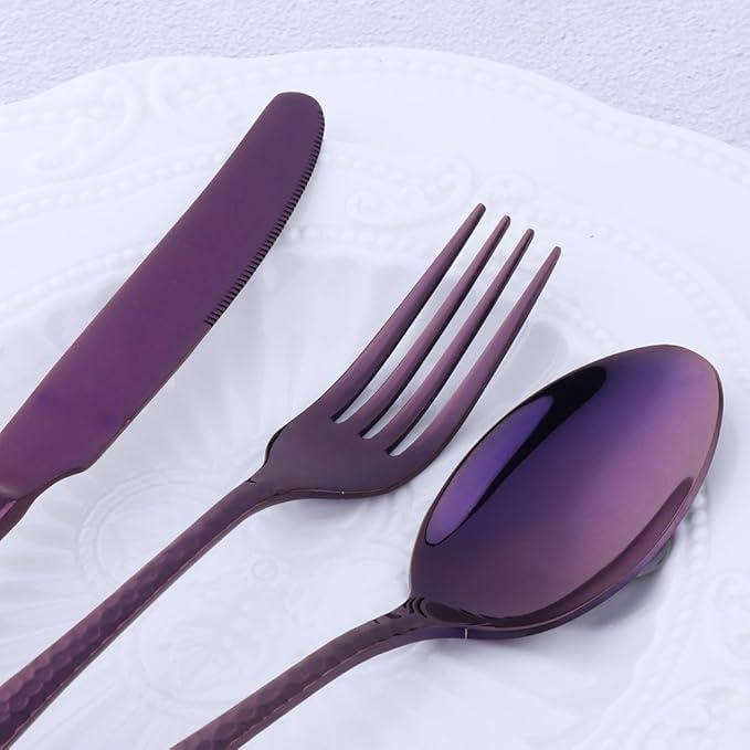 Purple Silverware Set, 20 Piece Premium 18/8 Stainless Steel Hammered Kitchen Utensil Flatware Cutlery Sets of 4, Mirror Polish, Dishwasher Safe