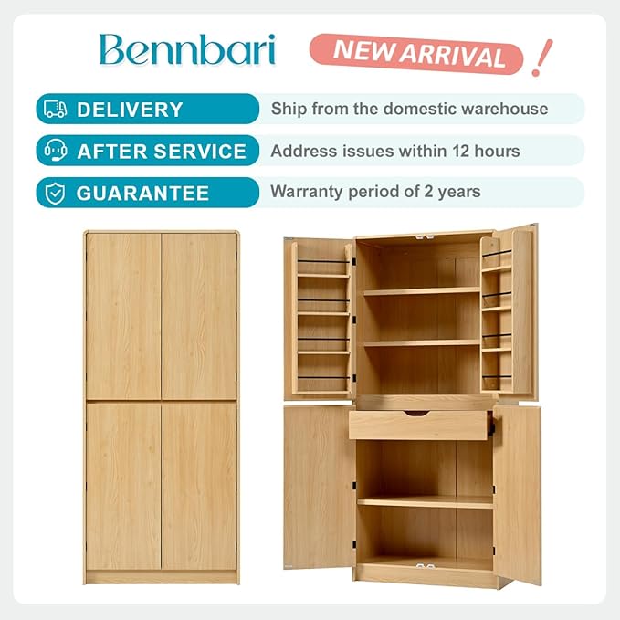 72" Tall Farmhouse Kitchen Pantry Cabinet with 8 Door Shelves, Curved Storage Cabinet with 3 Adjustable Shelves & Hidden Drawer, Versatile Cupboard for Kitchen, Dining & Bathroom (Natural)