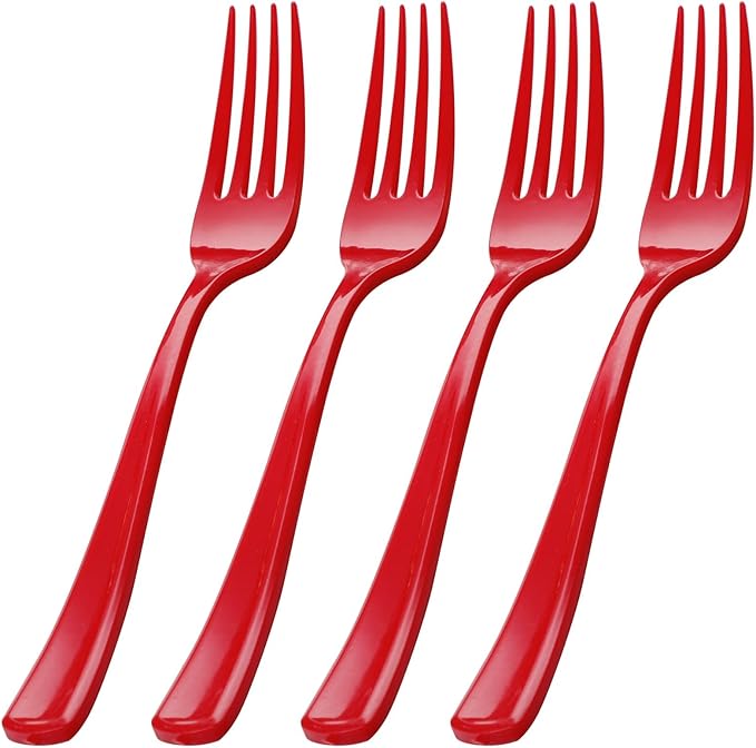 WDF 100 Pieces Red Christmas Forks - 7.4inch Heavy Duty Red Forks Disposable - Plastic Silverware for Dessert Cake - Plastic Cutlery for Party/Birthday/Daily/Valentine's Day