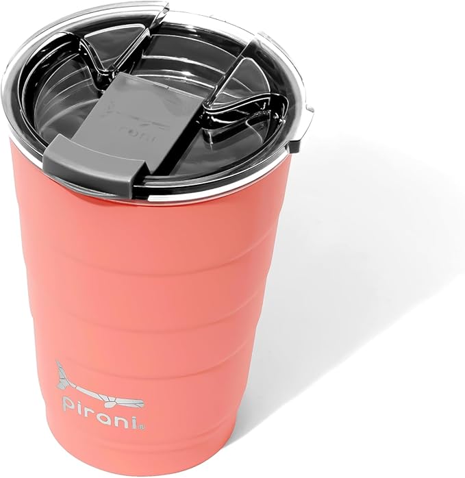 Pirani 16oz Insulated Stackable Tumbler - Skinny-Wall Triple Vacuum Insulation Cup with Version 2.0 Air-Tight, Screw-On Lid Lid - Space Saving Design - Coral