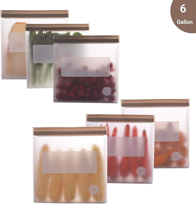 Reusable Food Storage Bags ??6-Pack Stand-Up, BPA-Free, Freezer, Dishwasher Safe & Eco-Friendly ??6 Gallon Bags ??Airtight Leakproof, Organization and Storage Baggies (Grey)
