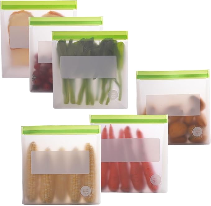 Reusable Food Storage Bags ??6-Pack Stand-Up, BPA-Free, Freezer, Dishwasher Safe & Eco-Friendly ??6 Gallon Bags ??Airtight Leakproof, Organization and Storage Baggies (Multicolor (Green))
