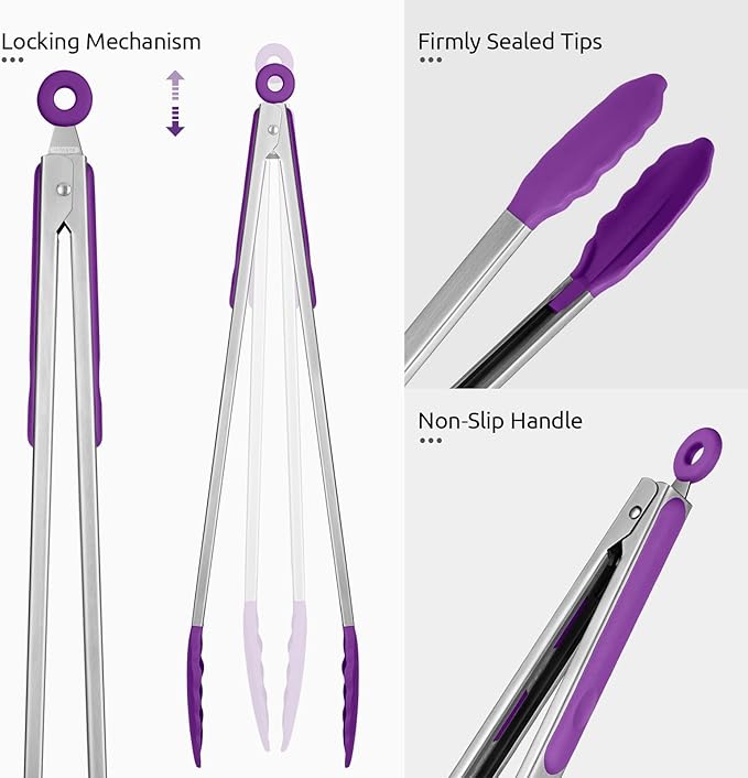 600쨘F Heat Resistant Kitchen Tongs: U-Taste 16 inch Extra Long Large Silicone Cooking Tong with Sturdy Non Stick Rubber Tips & Non Slip Silicon Coated 18/8 Stainless Steel Handle for Grill BBQ(Purple)