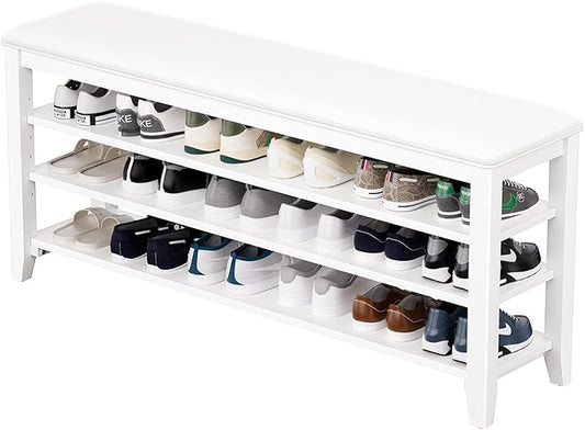 Taitiy Shoe Bench Storage Rubberwood with Leather Cushion for Entryway Bench Ideal for Hallways Shoe Rack Front Doors Entrances Mudrooms Featuring 3 Height-Adjustable and Removable Shelves