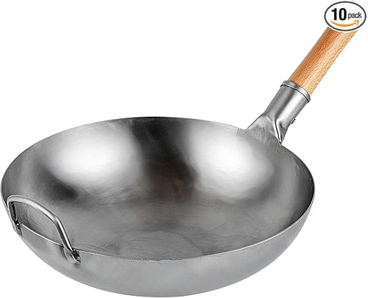 Motomori 14 Inch Hand-Hammered Carbon Steel Wok, 10 Traditional Japanese Wok - Flat Bottom, Wooden Handle, Black Carbon Steel Traditional Stir Fry Pan, With Helper Handle - Restaurantware