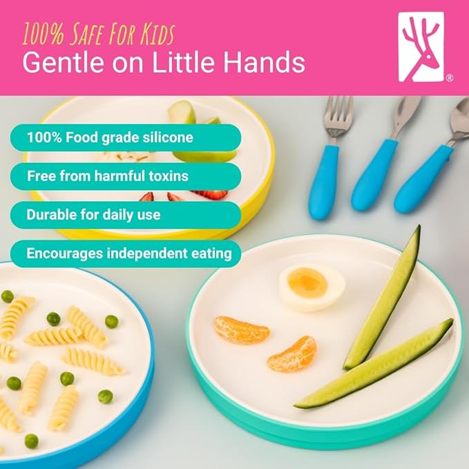 Elk and Friends Kids 7.8??Porcelain White Plates with Silicone Sleeves | Suitable for Babies/Toddlers | Microwave & Dishwasher Safe | Non Slip Dinnerware | Snack Dishes | 4 Pack