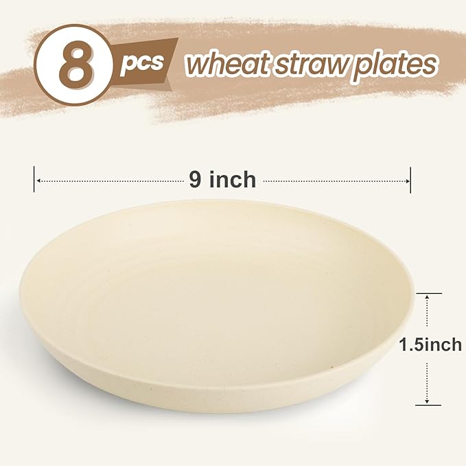 Deep Dinner Plates Set of 8, Wheat Straw Plate 9 Inch, Lightweight and Unbreakable Plastic Plate Reusable, Microwave & Dishwasher Safe Camping Plates for Picnic, Outdoor, Travel (Beige)