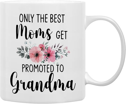 QASHWEY Only The Best Moms Get Promoted to Grandma Coffee Mugs, Funny Pregnancy Announcement Gifts for Mom New Grandma, Double Side Printed Ceramic Mug Cup 11 Ounce