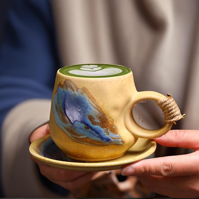 Small 8oz Unique Vintage Retro Japanese Handmade Ceramic Cappuccino Barista Cup with Saucer, Coffee Cup and Saucer, Artisanal Stoneware Coffee Mug, Lead-Free Latte Art Mug (1, Light brown)