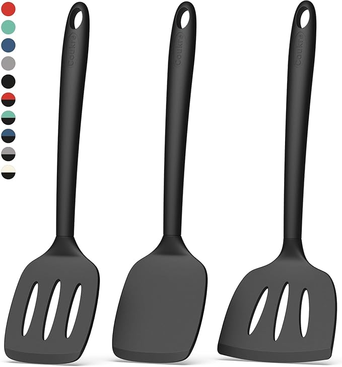 Coukre 3 Pack Silicone Spatula Set, High Heat Resistant, BPA-Free, Fish Spatula, Solid & Slotted Turner for Non-Stick Pans, Flipping Eggs, Pancakes, Fish, Burgers (3, Black)