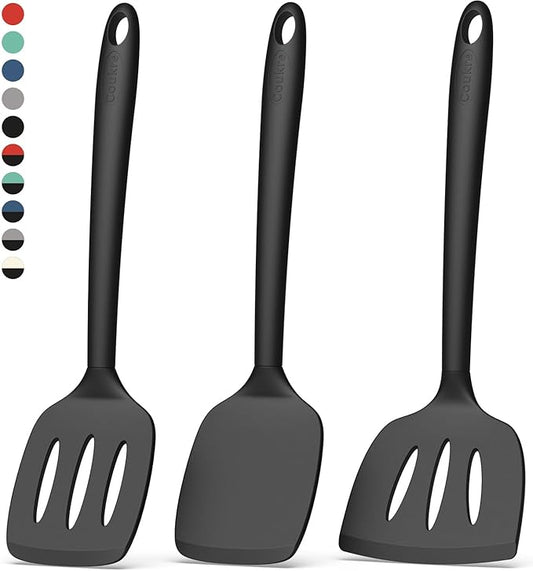 Coukre 3 Pack Silicone Spatula Set, High Heat Resistant, BPA-Free, Fish Spatula, Solid & Slotted Turner for Non-Stick Pans, Flipping Eggs, Pancakes, Fish, Burgers (3, Black)