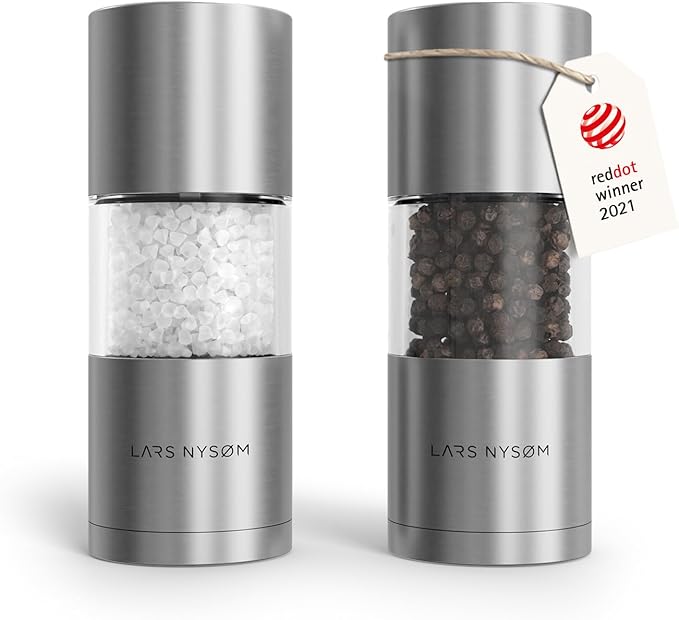 LARS NYS횠M Salt and Pepper Grinder Set, Manual Salt and Pepper Mills with Adjustable Ceramic Grinder, Design Spice Shaker Set (Stainless Steel)