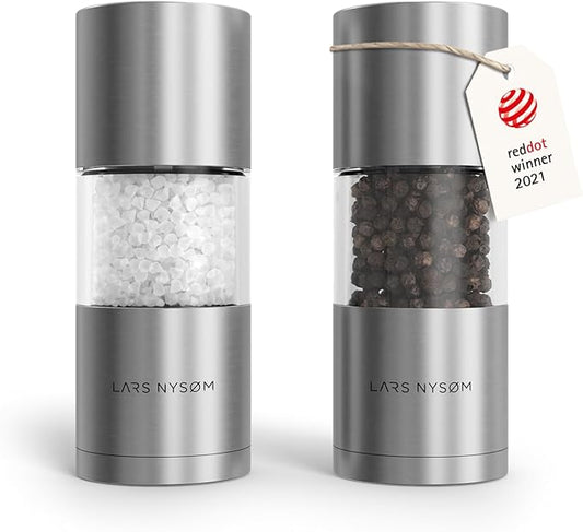 LARS NYS횠M Salt and Pepper Grinder Set, Manual Salt and Pepper Mills with Adjustable Ceramic Grinder, Design Spice Shaker Set (Stainless Steel)