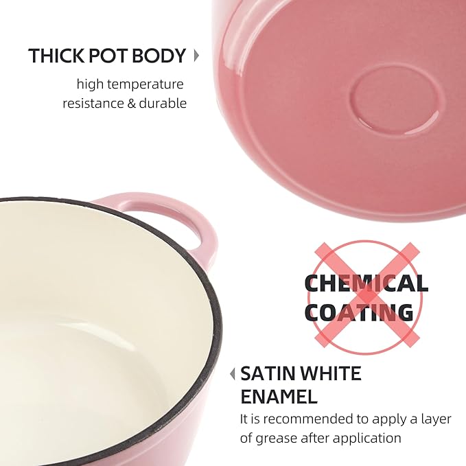 6 Quart Dutch Oven Enameled Cast Iron with Lid - Big Dual Handles - Oven Safe up to 500째F - Classic Round Pot for Versatile Cooking (Pink, 6 QT)