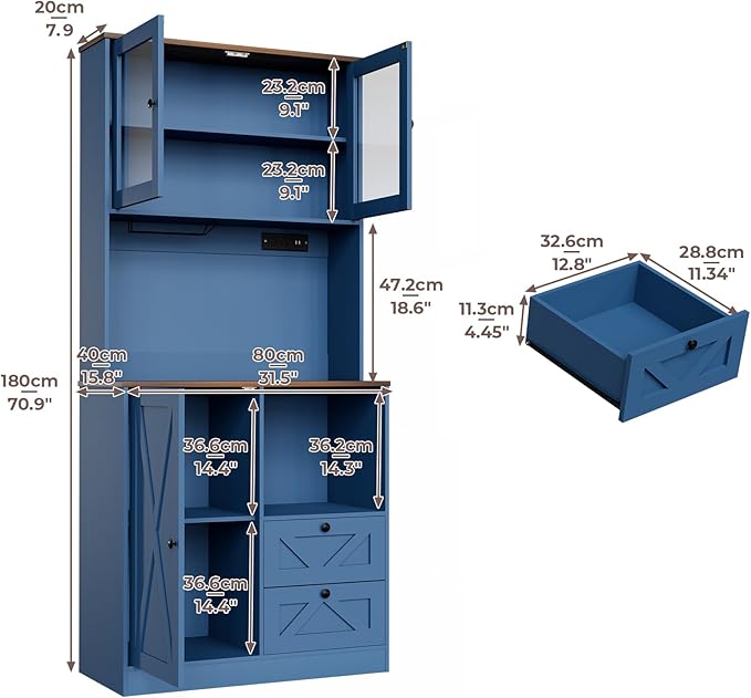 71?섃셁itchen Pantry Storage Cabinet with LED Lights and Power Outlet, Tall Farmhouse Kitchen Hutch with Microwave Stand,Globet Hooks and Adjustable Shelf for Dining Living Room,Blue