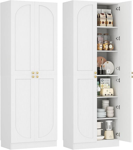 Cyclysio 80" Kitchen Pantry, Extra Tall Arch Storage Cabinet with 4 Doors and Adjustable Shelves, Freestanding Wood Cupboard with Seamless Fit Wall for Dining Living Room Bathroom Furniture (White)