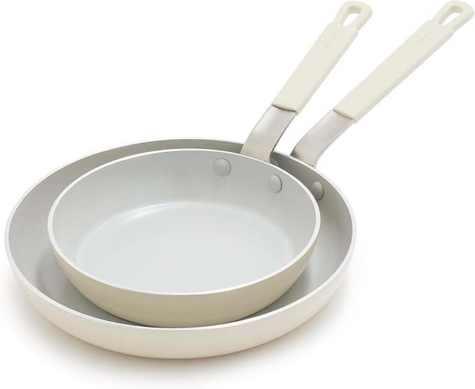 GreenPan x Bobby Flay 2 Piece- 8??and 10??Nonstick Frying Pan Skillet Set, PFAS-Free Diamond Ceramic, Induction Suitable, Stay-Cool Silicone Handle, Easy Clean Dishwasher & Oven Safe, Cream