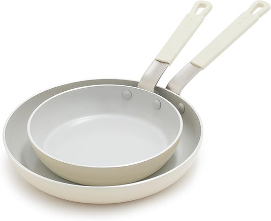 GreenPan x Bobby Flay 2 Piece- 8??and 10??Nonstick Frying Pan Skillet Set, PFAS-Free Diamond Ceramic, Induction Suitable, Stay-Cool Silicone Handle, Easy Clean Dishwasher & Oven Safe, Cream