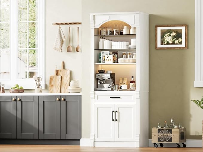 Rresyet 70.9" Tall Kitchen Pantry Storage Cabinet, Modern Kitchen Hutch Bar Cabinet with Lights, Freestanding Food Pantry with Adjustable Shelves and Drawer (White)
