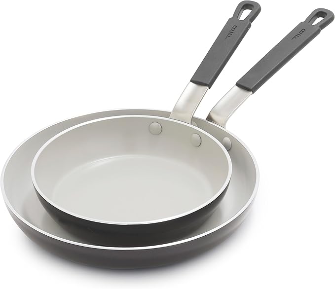 GreenPan x Bobby Flay 2 Piece- 8??and 10??Nonstick Frying Pan Skillet Set, PFAS-Free Diamond Ceramic, Induction Suitable, Stay-Cool Silicone Handle, Easy Clean Dishwasher & Oven Safe, Graphite