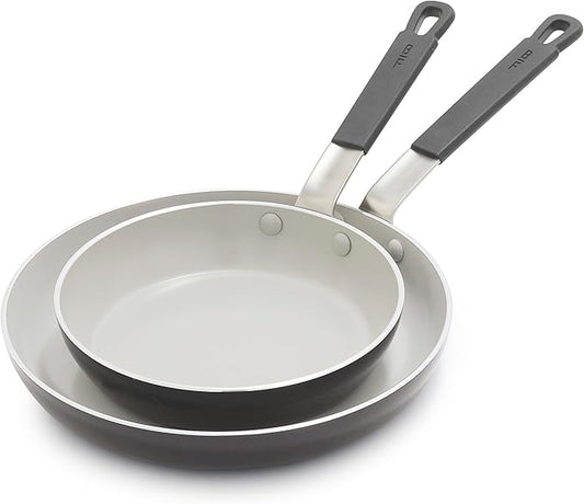 GreenPan x Bobby Flay 2 Piece- 8??and 10??Nonstick Frying Pan Skillet Set, PFAS-Free Diamond Ceramic, Induction Suitable, Stay-Cool Silicone Handle, Easy Clean Dishwasher & Oven Safe, Graphite
