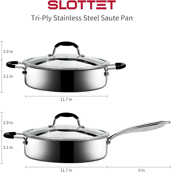 Tri-Ply Stainless Steel Saute Pan with Steamer, 5 Quart Deep Saut챕 Pan with Lid and Stay Cool Handle,11.5 Inch Frying Pan,Dishwasher and Oven Safe,Induction Stainless Steel Cookware