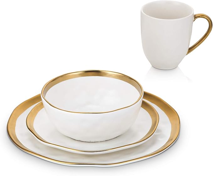 Stone Lain Modern Poreclain 16 Piece Dinnerware Set, Plates and Bowls Set, Dish set for 4, White And Golden Rim