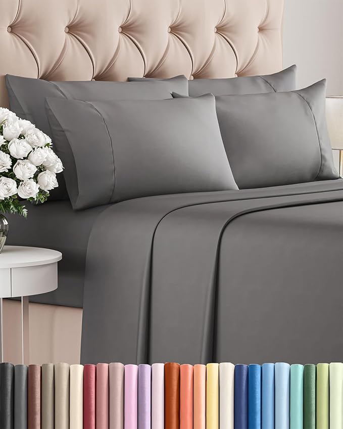 Cal King 6 Piece Sheet Set - Cooling & Breathable Bed Sheets - Hotel Luxury Bed Sheets for Women, Men, Kids & Teens - Deep Pocket Bedding w/Easy Fit - Soft & Wrinkle Free - Cal King Dark Grey Sheets