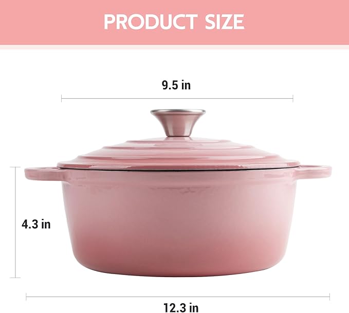 4.5 Quart Dutch Oven Enameled Cast Iron with Lid - Big Dual Handles - Oven Safe up to 500째F - Classic Round Pot for Versatile Cooking Pink