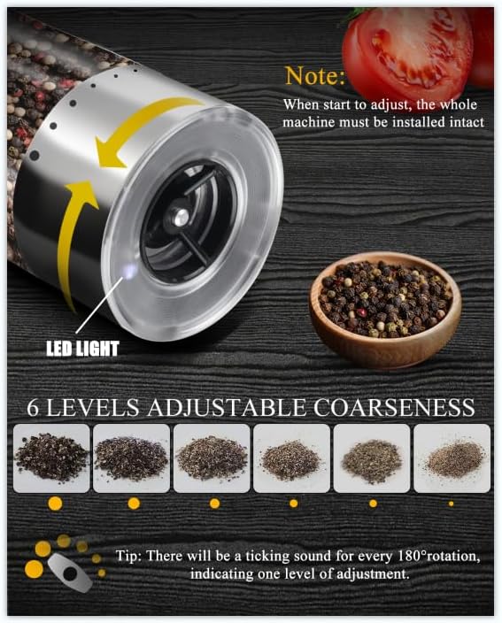 [Upgraded Larger Capacity] Tomentific Electric Salt and Pepper Grinder Set with Storage Base, Stainless Steel Pepper Mills with Washable Container, White LED Light, External Adjustable Coarseness