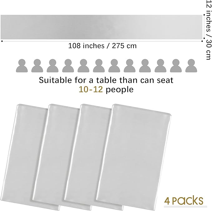 ANECO 4 Pack Satin Table Runner 12 x 108Inch Long Bright Silk and Smooth Fabric Party Table Runner for Wedding Banquet Party Decoration-Light Silver