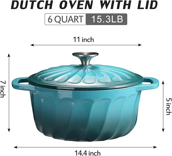 Enameled Cast Iron Dutch Oven with Lid, 6 QT Cast Iron Dutch Oven Pot, Dual Handles for Bread Baking, Cook, Bake, Oven Safe across All Cooktops (BlueGreen, 6 QT)