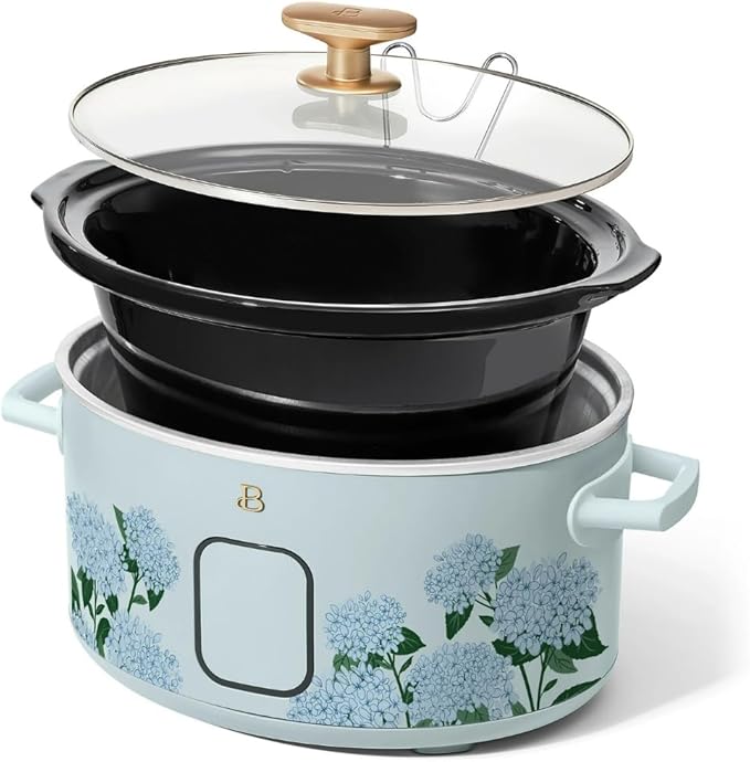 Beautiful 6 Quart Programmable Slow Cooker by Drew Barrymore ??Large Capacity, Ceramic Removable Pot, Tempered Glass Lid, Dishwasher Safe, Auto Keep Warm (Hydrangea Floral)