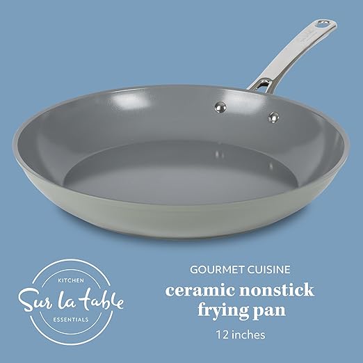 Sur La Table Kitchen Essentials Large 12 Inch Fry Pan PFA Free Titanium Ceramic Nonstick Interior Forged Aluminum Cookware Frying Pan - Green - Induction Compatible