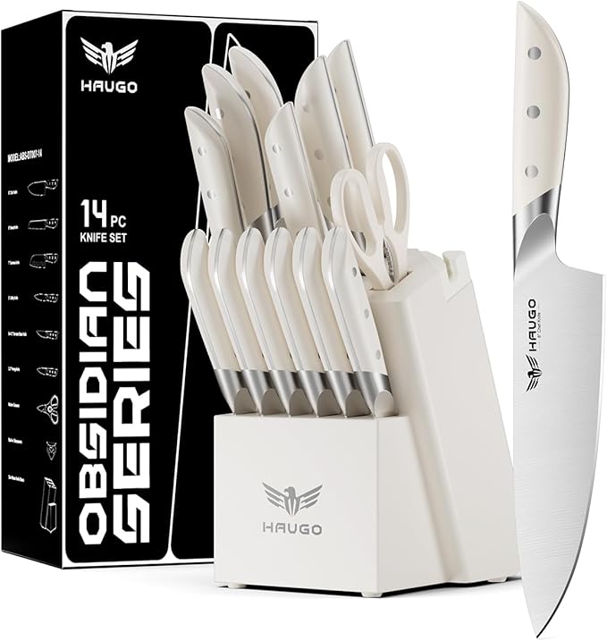 Kitchen Knife Set - Haugo 14 PCS Cream White Knife Set with Block and Sharpener - German Stainless Steel - Full Tang Knife Block Set and Ergonomic Handle - Obsidian Series