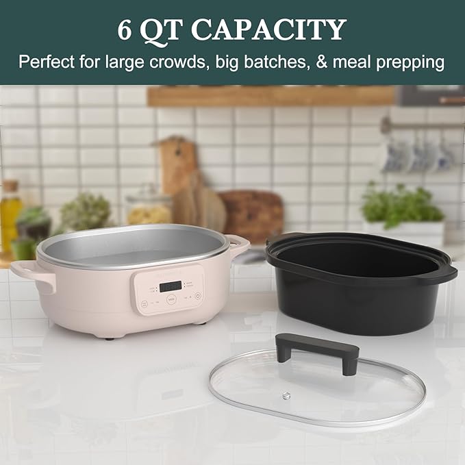6 Quart Programmable Slow Cooker Removable Healthy Nonstick Pot - Small Kitchen Appliance for Family Dinners, Pink