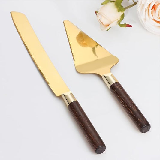 Gold Cake Cutting Set for Wedding, Wood Cake Knife and Server Set, Vintage 2-Piece Pie Cutter Set, Serrated Pizza Dessert Utensils, Bridal Birthday Quincea챰era Gift (Walnut color)