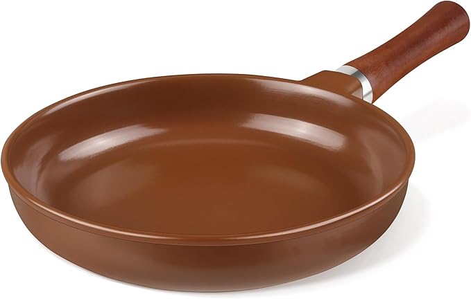 10-inch Pure Ceramic Frying Pan Skillet - Non-Toxic, PFOA/PFAS/PTFE Free, No Chemical Coating - Healthy Cooking - Solid Wood Handle (Brown)