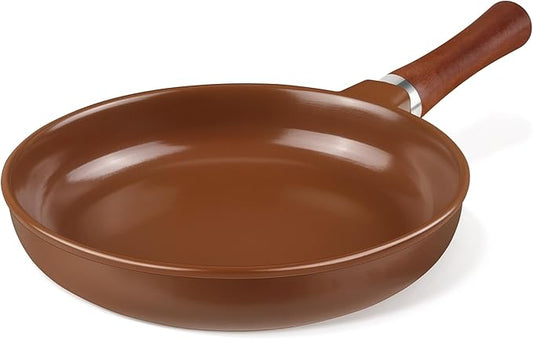 10-inch Pure Ceramic Frying Pan Skillet - Non-Toxic, PFOA/PFAS/PTFE Free, No Chemical Coating - Healthy Cooking - Solid Wood Handle (Brown)
