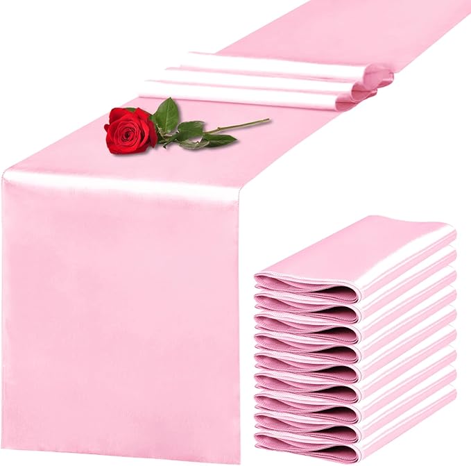 Yblut 10 Pack Satin Table Runner 12 x 108 Inch Long Pink Silk Table Runner for Wedding Party Banquet Birthday Decoration